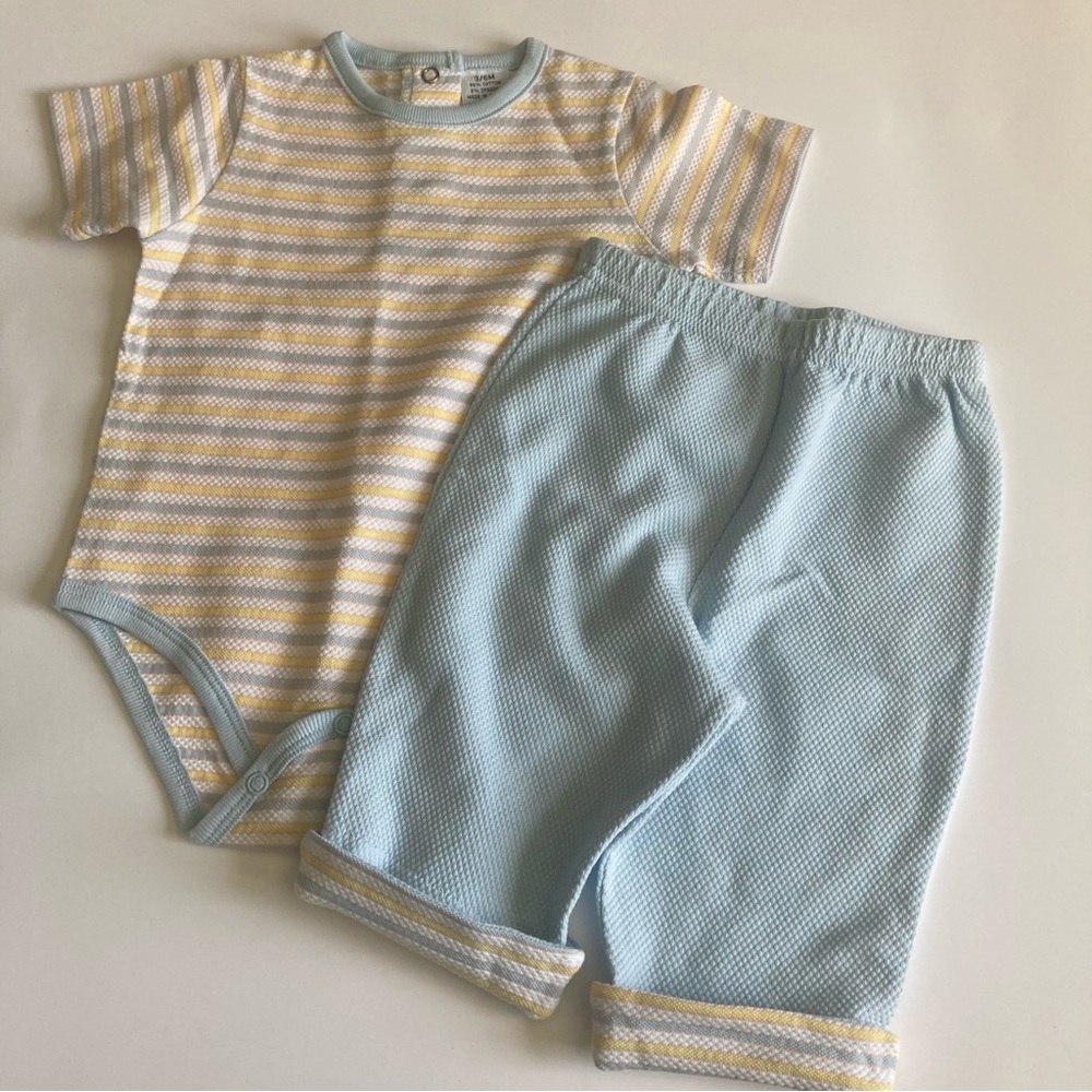 Soft Yellow and Blue Striped Baby Onesie & Pants Set
Size 3/6 Months Cotton